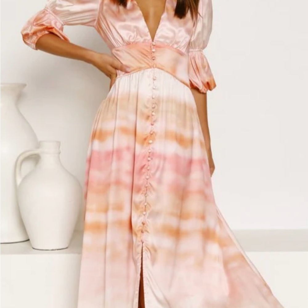 Petal & Pup Orange and Pink Midi Dress with Puff Sleeves